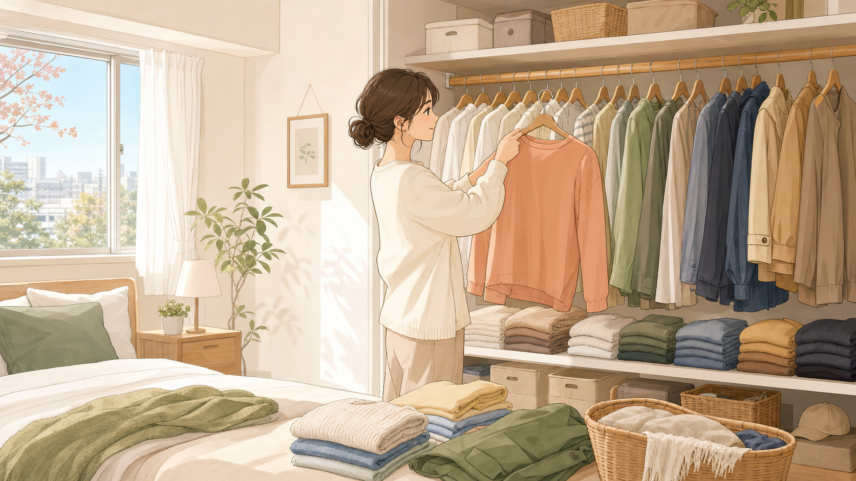 季節の変わり目にクローゼットの服を見直す様子