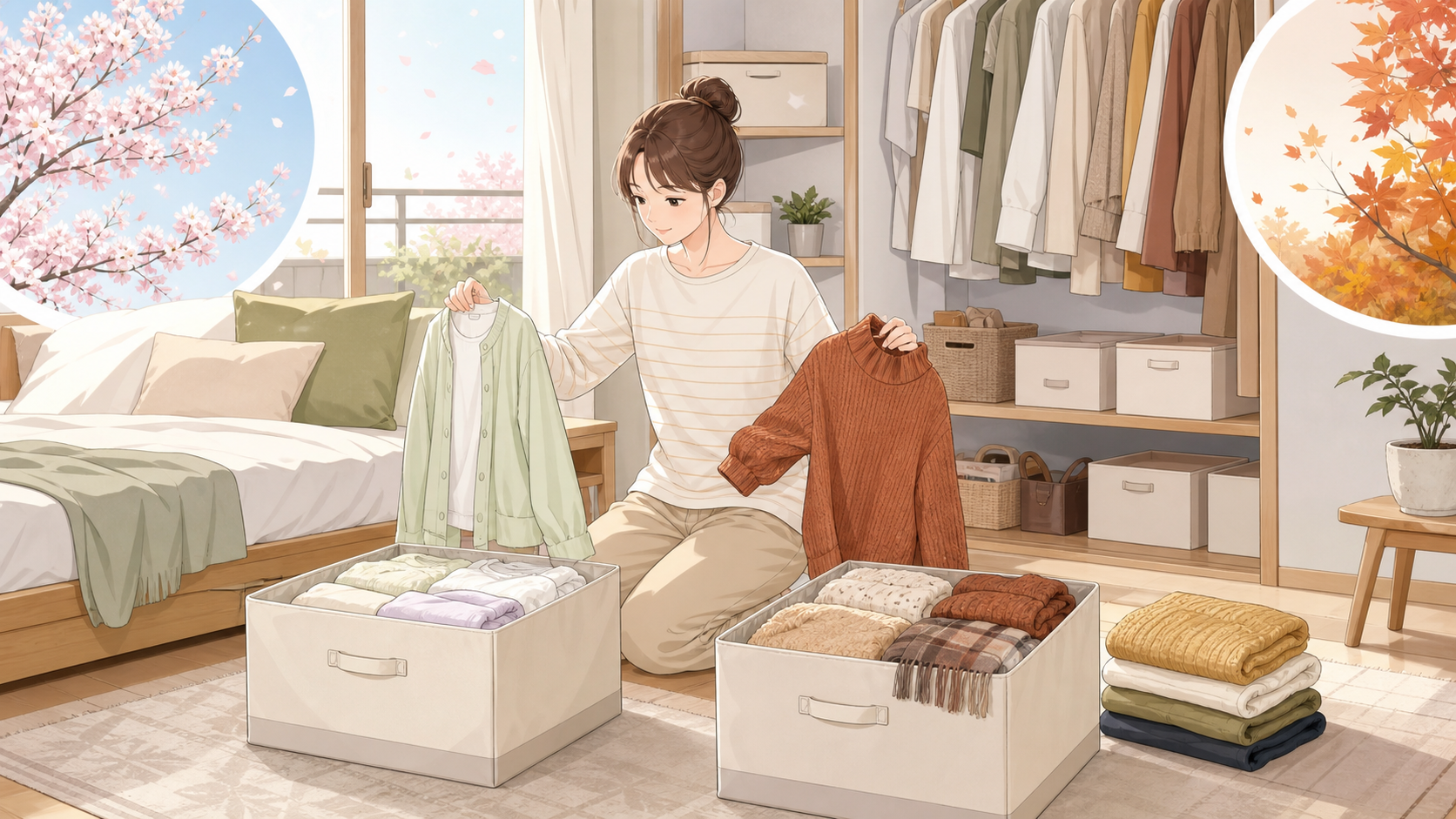 春と秋の衣類を入れ替えながら整理する様子
