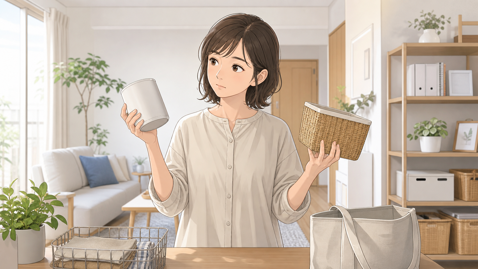 収納用品を比較しながら自分に必要な物を選ぶ様子