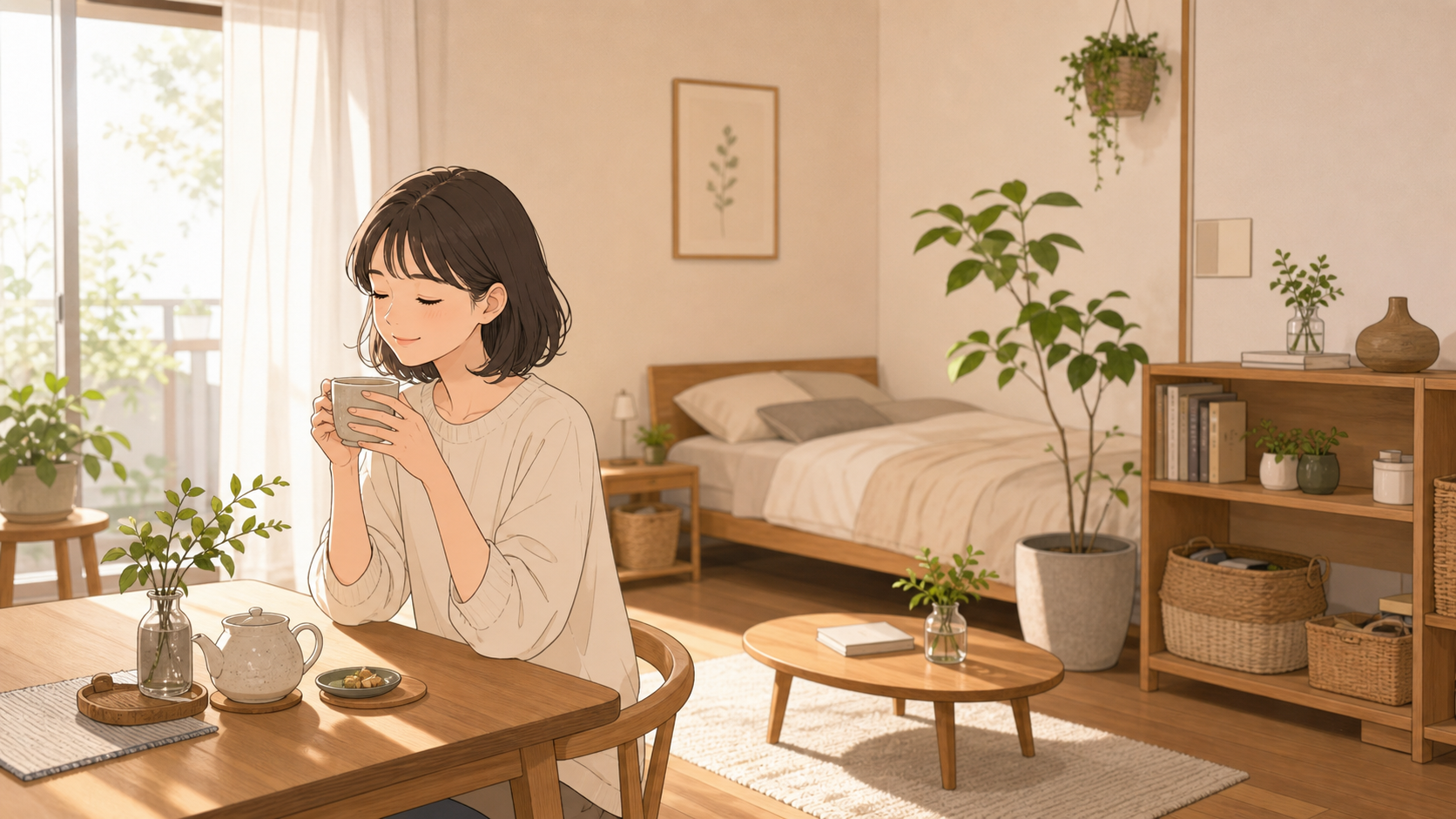 整った一人暮らしの部屋でゆったり過ごす様子