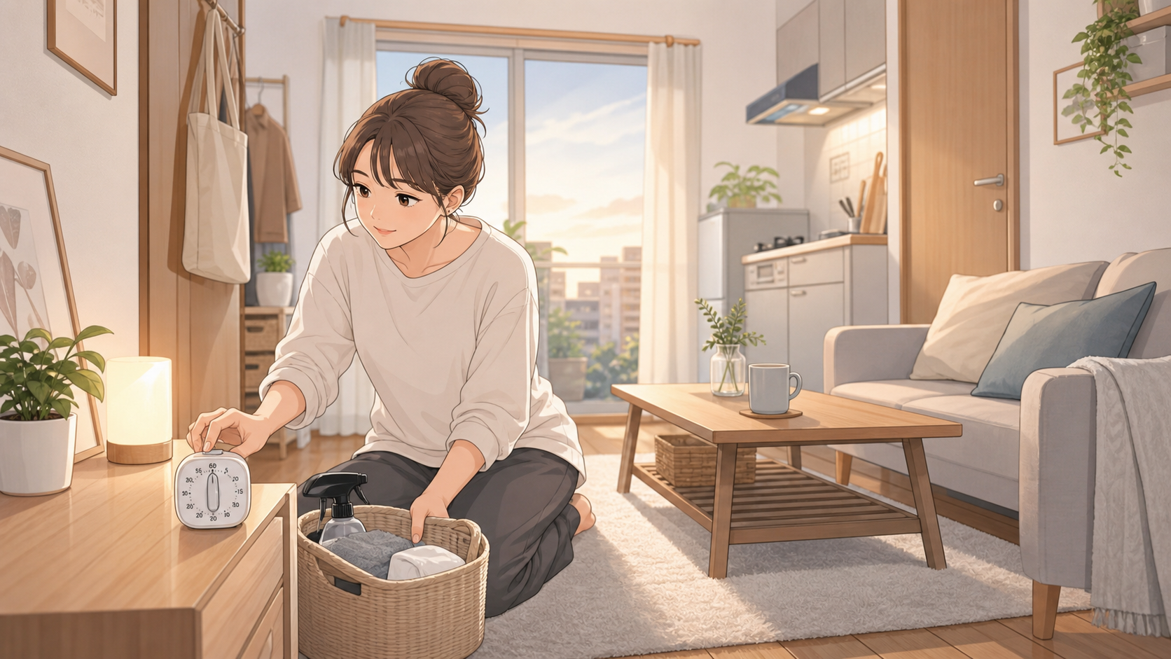 タイマーを使って短時間の片付けを始める様子