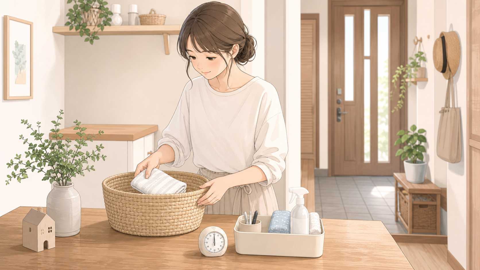 片付けに必要な道具をまとめて準備する様子
