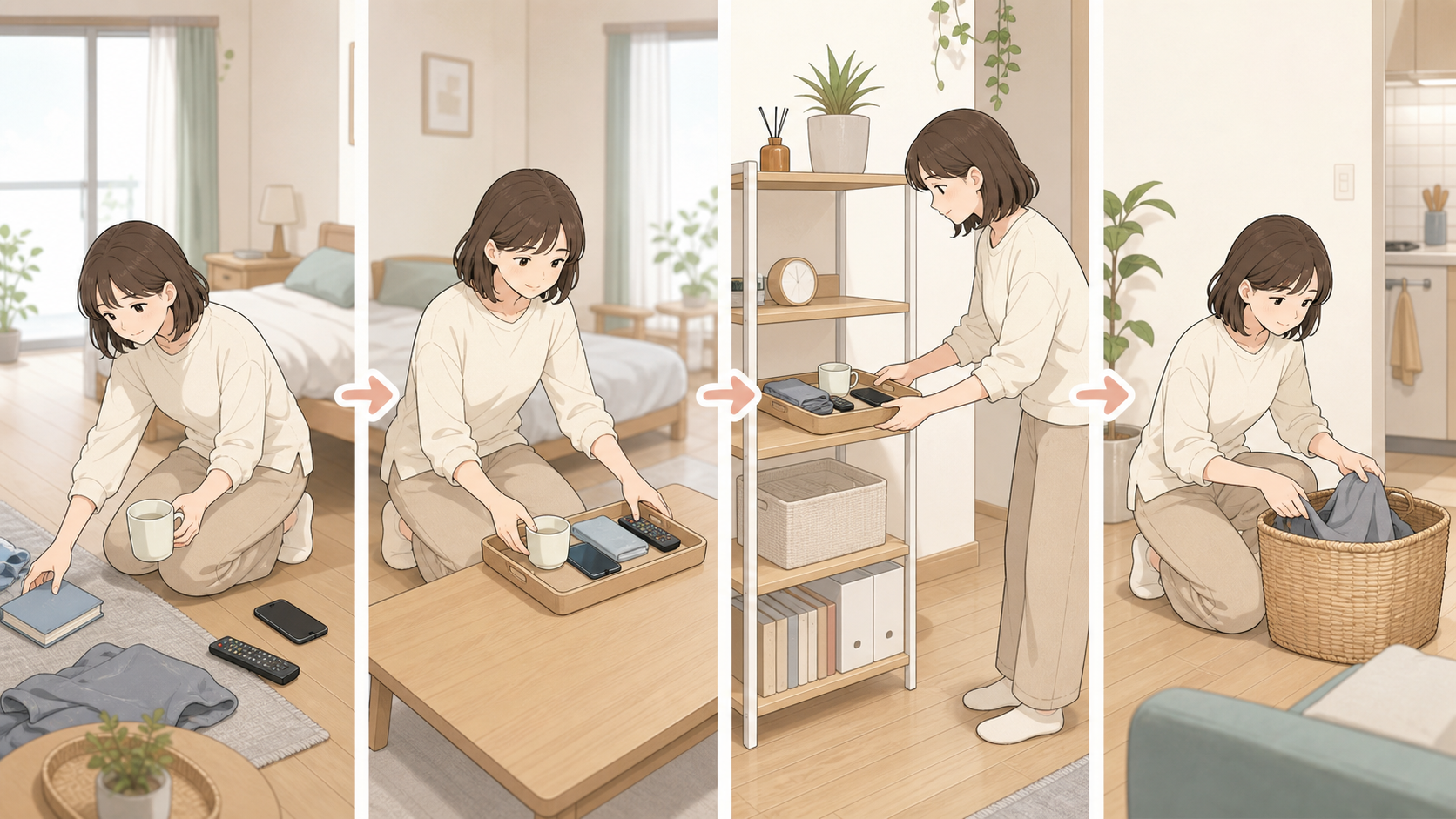 物を定位置へ戻しながら効率よく片付ける様子