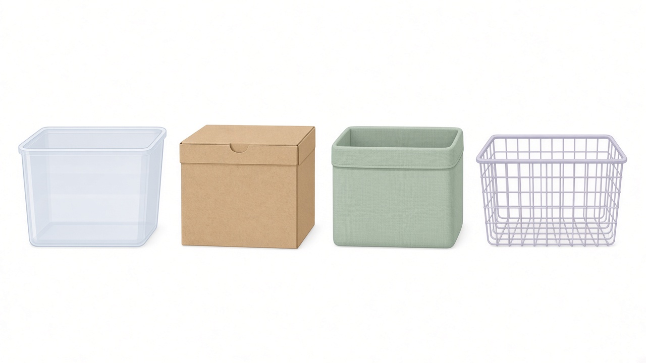 見出し画像：プラスチック・紙・布・ワイヤーの収納ボックスを並べて比べた図解イラスト